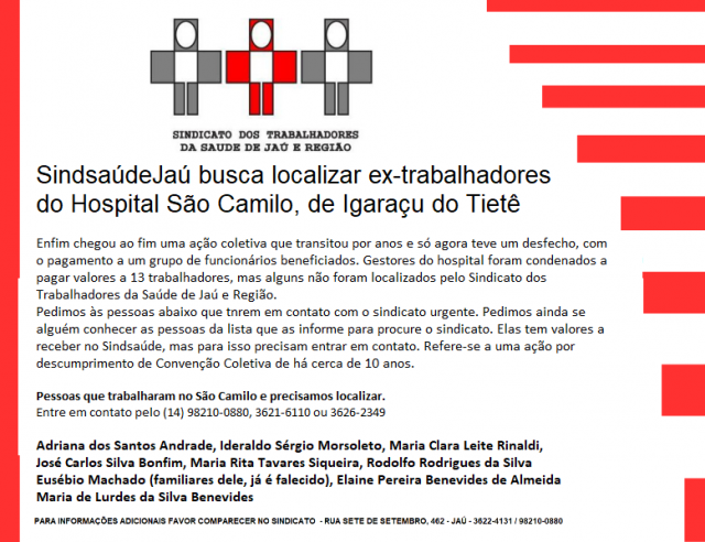 Sindicato da SaúdeJaú busca localizar ex-trabalhadores do Hospital São Camilo, de Igaraçu