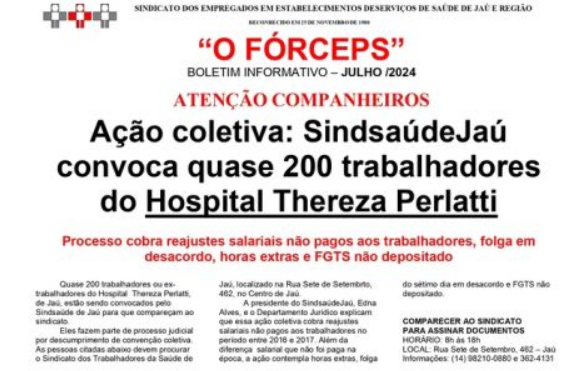 Ação coletiva: Sindicato da SaúdeJaú convoca quase 200 trabalhadores do Hospital Thereza Perlatti