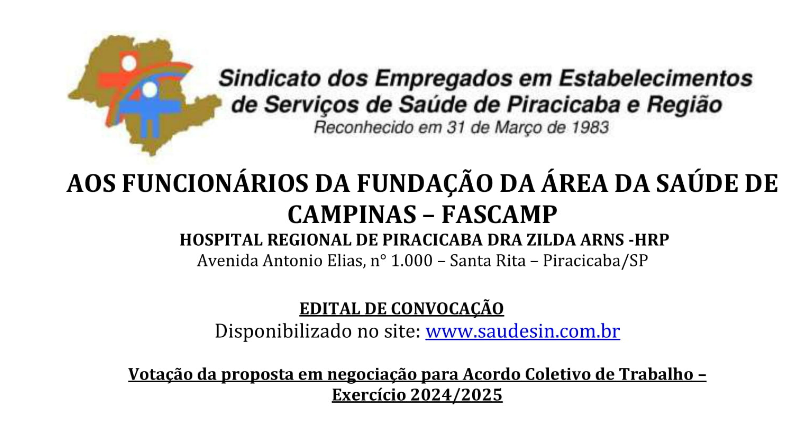 Sindsaúde Piracicaba convoca para votação de acordo da Fascamp