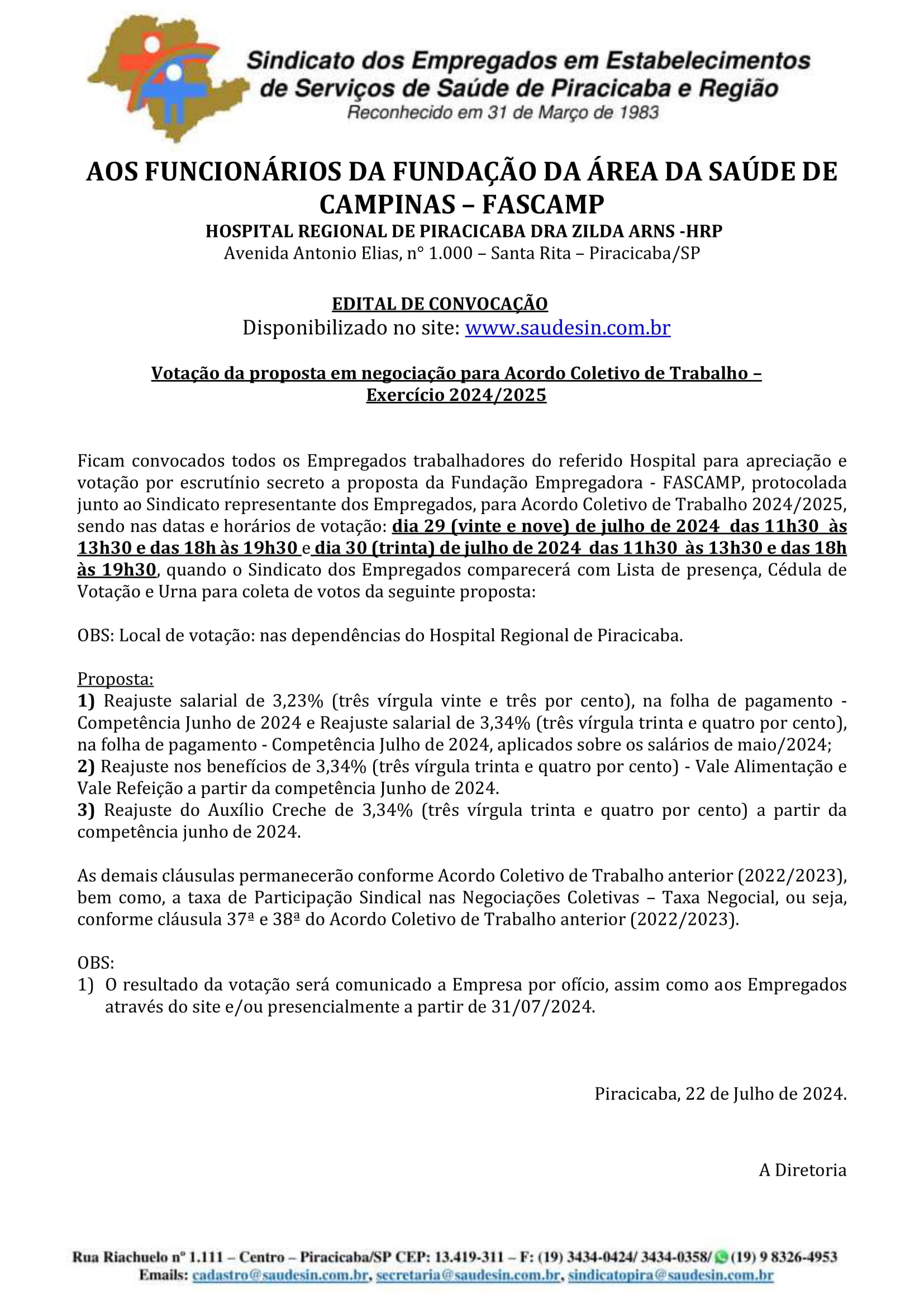 Sinsaúde Piracicaba convoca trabalhadores do Hospital Regional dra. Zilda Arns