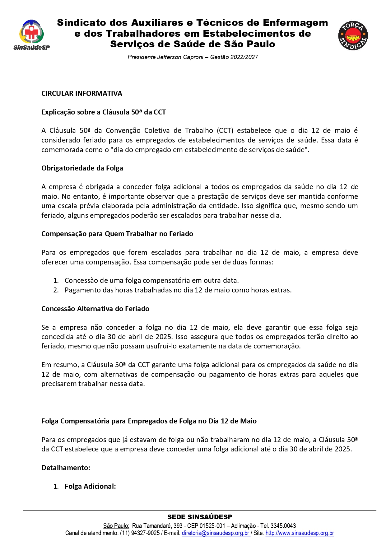 SinsaúdeSP divulga circular explicando folga do Dia do Trabalhador da Saúde