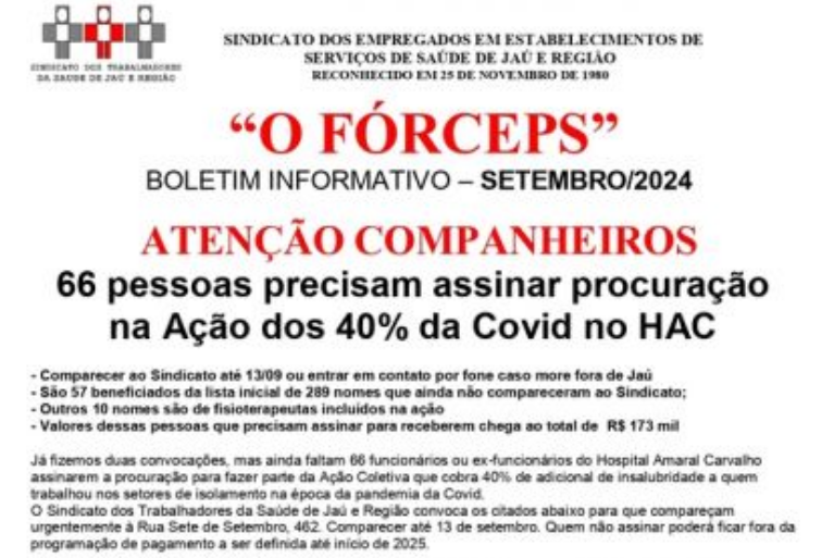 Sindsaúde Jaú: 66 pessoas precisam assinar procuração na Ação dos 40% da Covid no HAC