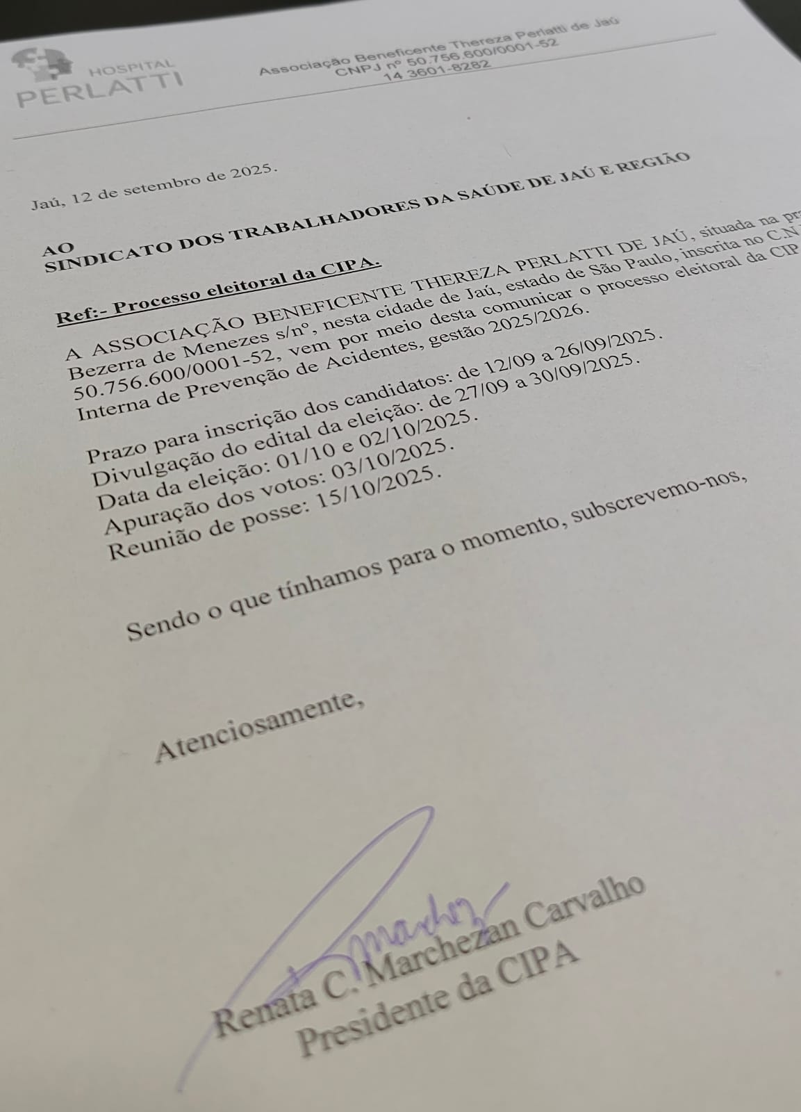 Hospital Thereza Perlatti abre prazo para inscrição na eleição da Cipa