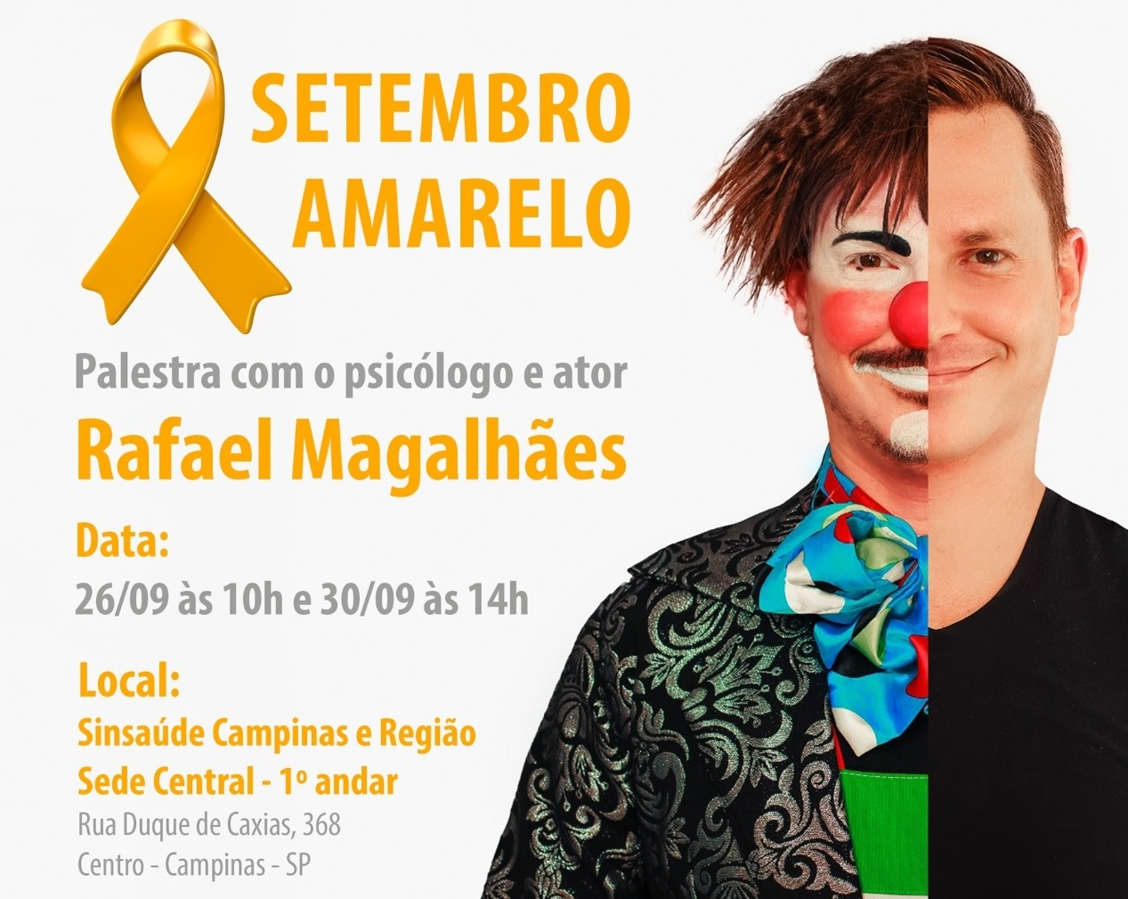 Psicólogo e palhaço, Rafael Magalhães apresenta palestra sobre saúde mental no Sinsaúde dias 26 e 30