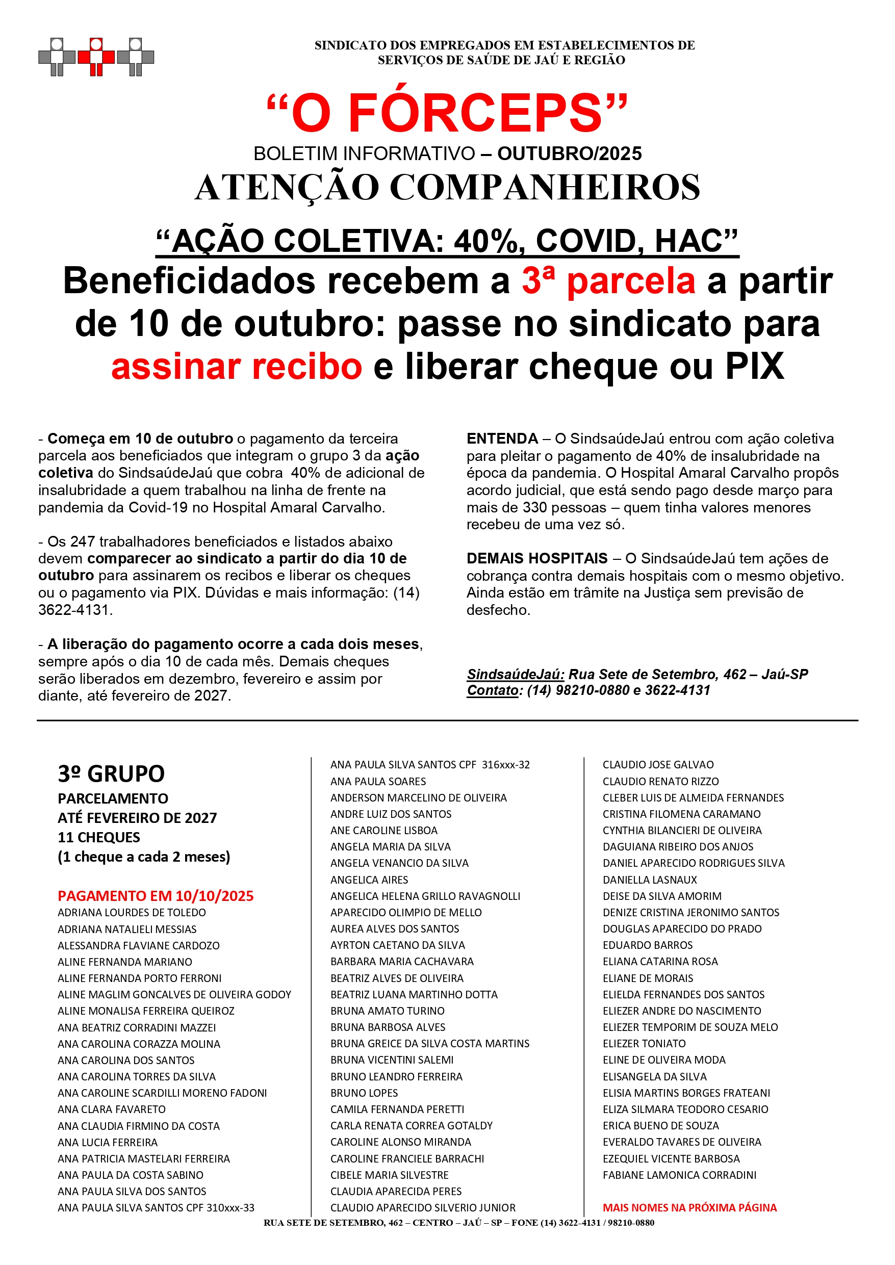 Sindsaúde Jaú paga terceira parcela da ação coletiva de 40% do Covid do HAC