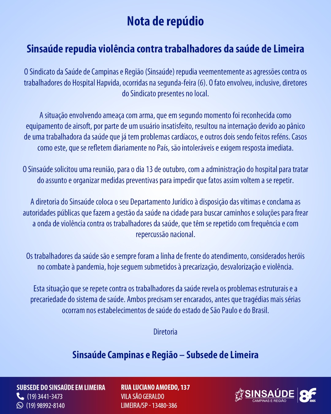  Hapvida Limeira: Sinsaúde quer mais segurança para os trabalhadores da saúde