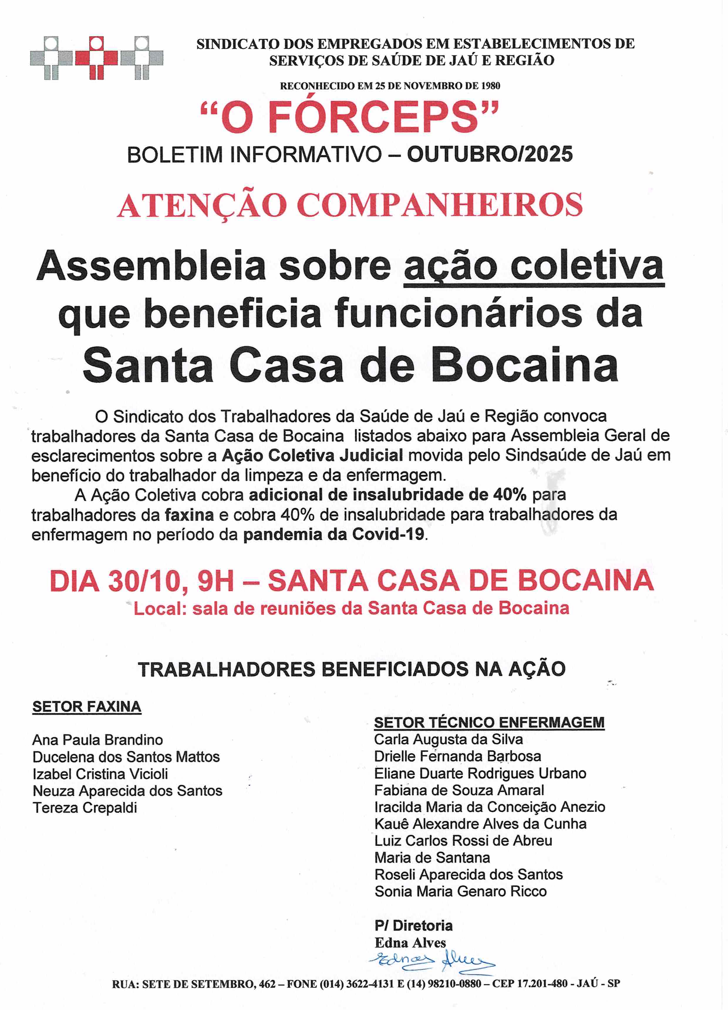  Assembleia sobre ação coletiva que beneficia funcionários da Santa Casa de Bocaina
