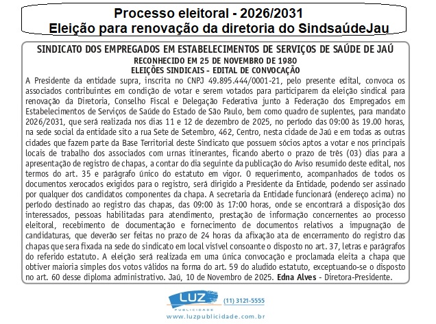 SindsaúdeJaú publica edital do processo eleitoral para renovação da diretoria para o período 2026/2031