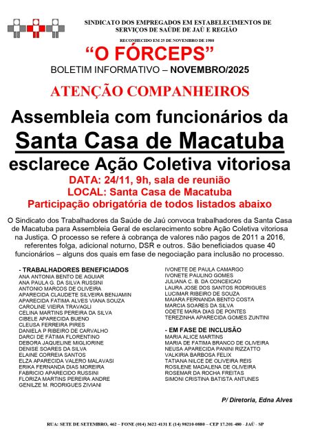  Assembleia com funcionários da Santa Casa de Macatuba esclarece Ação Coletiva vitoriosa