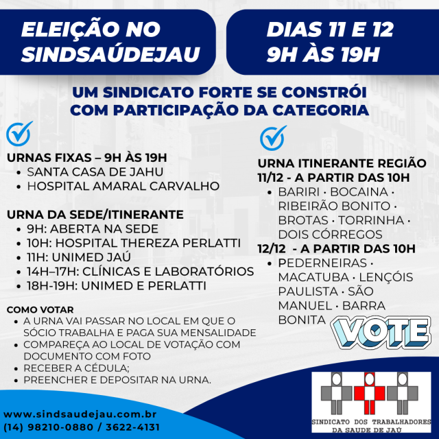 Eleição do Sindsaúde Jaú acontece nestes dias 11 e 12 de dezembro