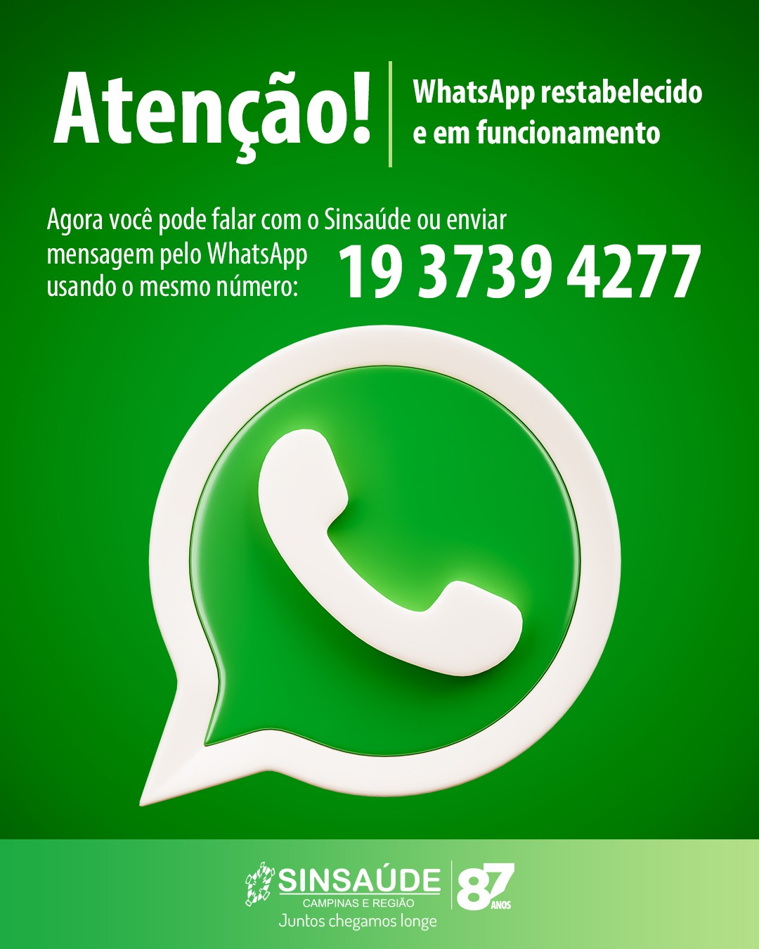 Novo canal de atendimento pelo WhatsApp no Sinsaúde Campinas