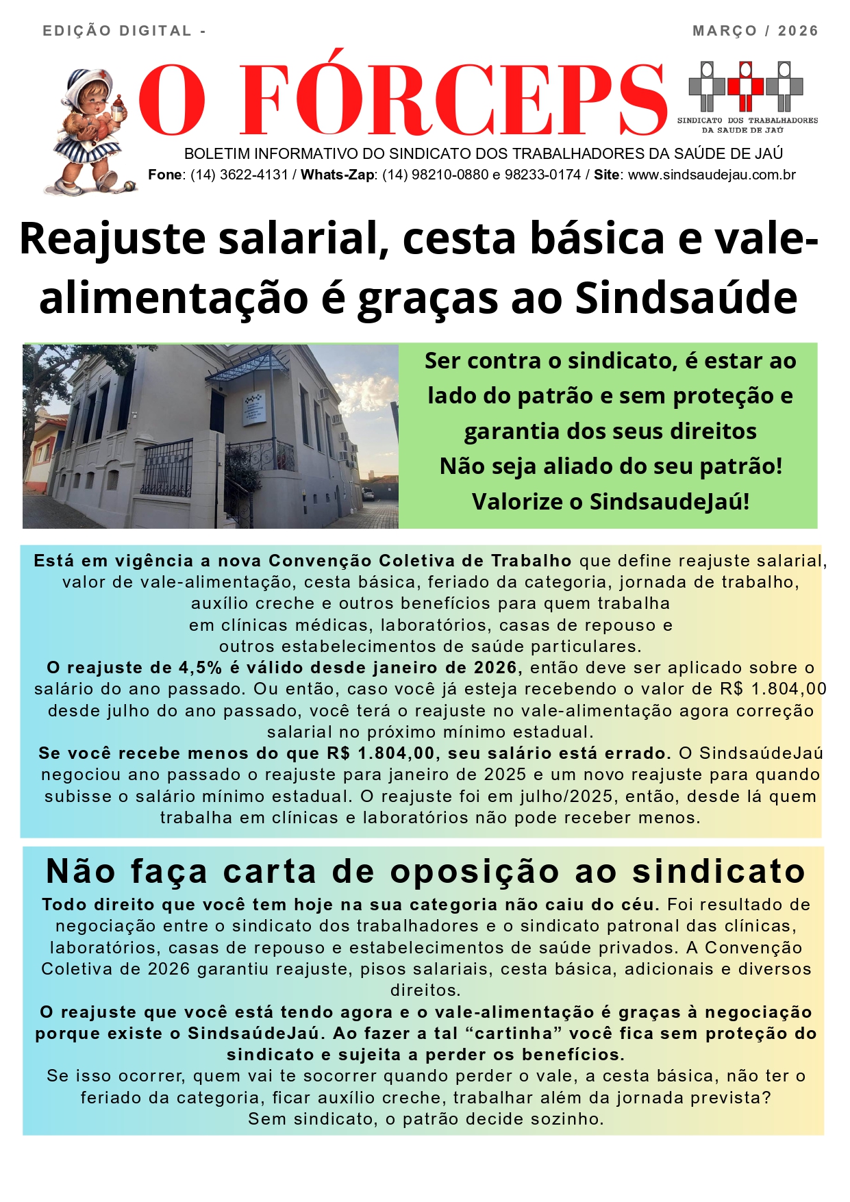 Seu reajuste salarial, cesta básica e vale-alimentação é graças ao SindsaúdeJaú