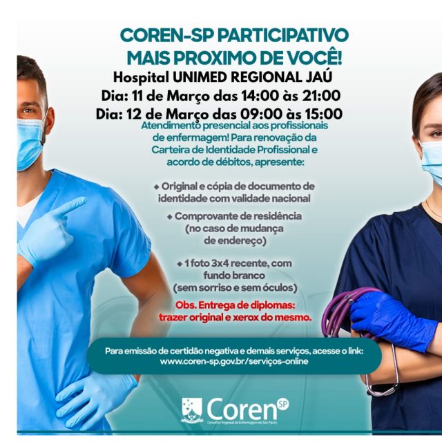 Coren-SP faz atendimento a profissionais de enfermagem em Jaú: dias 11 e 12/03, no Hospital Unimed