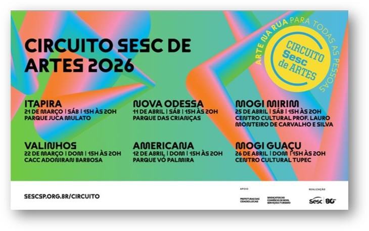 Sinsaúde convida trabalhadores da saúde a participarem do Circuito Sesc de Artes em Itapira no dia 21 de março