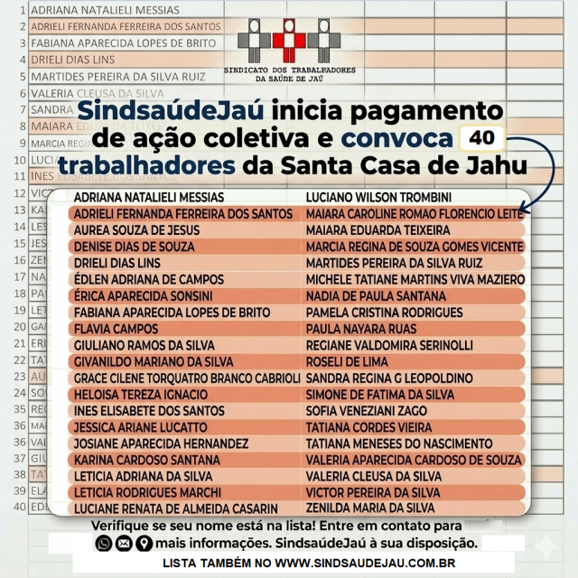 SindsaúdeJaú inicia pagamento de ação coletiva e convoca 40 trabalhadores da Santa Casa de Jahu