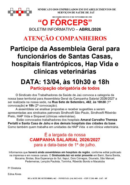 Sindsaúde Jaú realiza Assembleia das Santas Casas, hospitais filantrópicos, HapVida e clínicas veterinárias