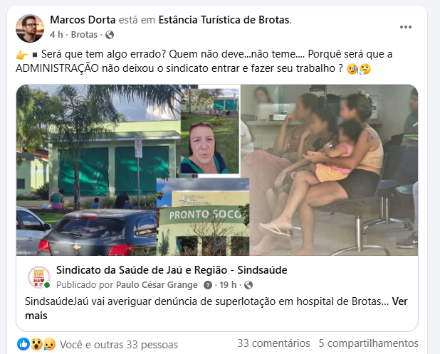 População confirma superlotação e demora em hospital de Brotas após denúncia do SindsaúdeJaú
