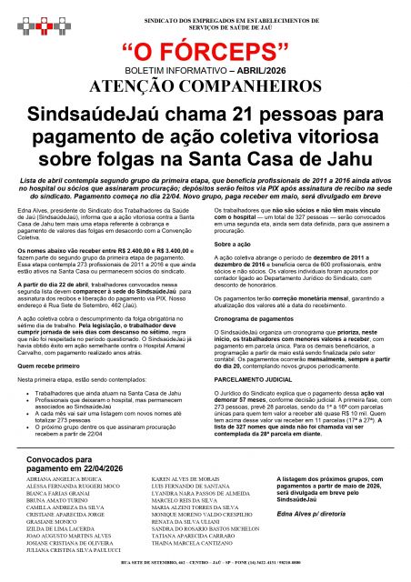 SindsaúdeJaú chama 21 pessoas para pagamento de ação coletiva vitoriosa sobre folgas na Santa Casa de Jahu