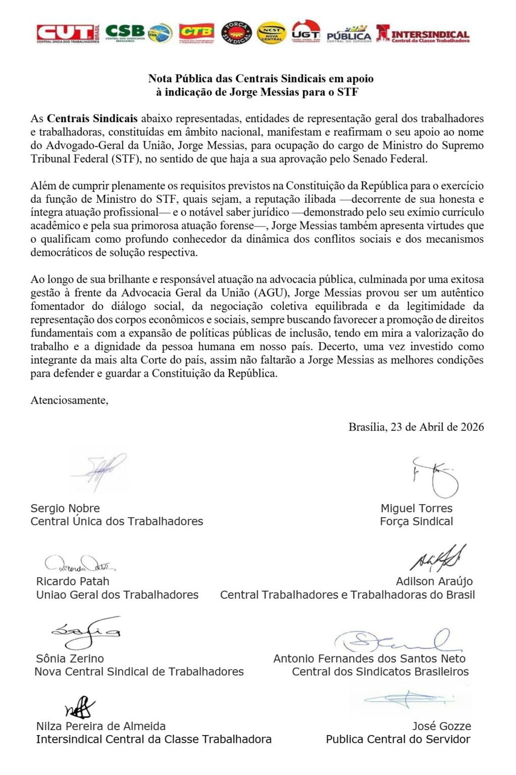 Centrais sindicais apoiam Messias a ministro do STF