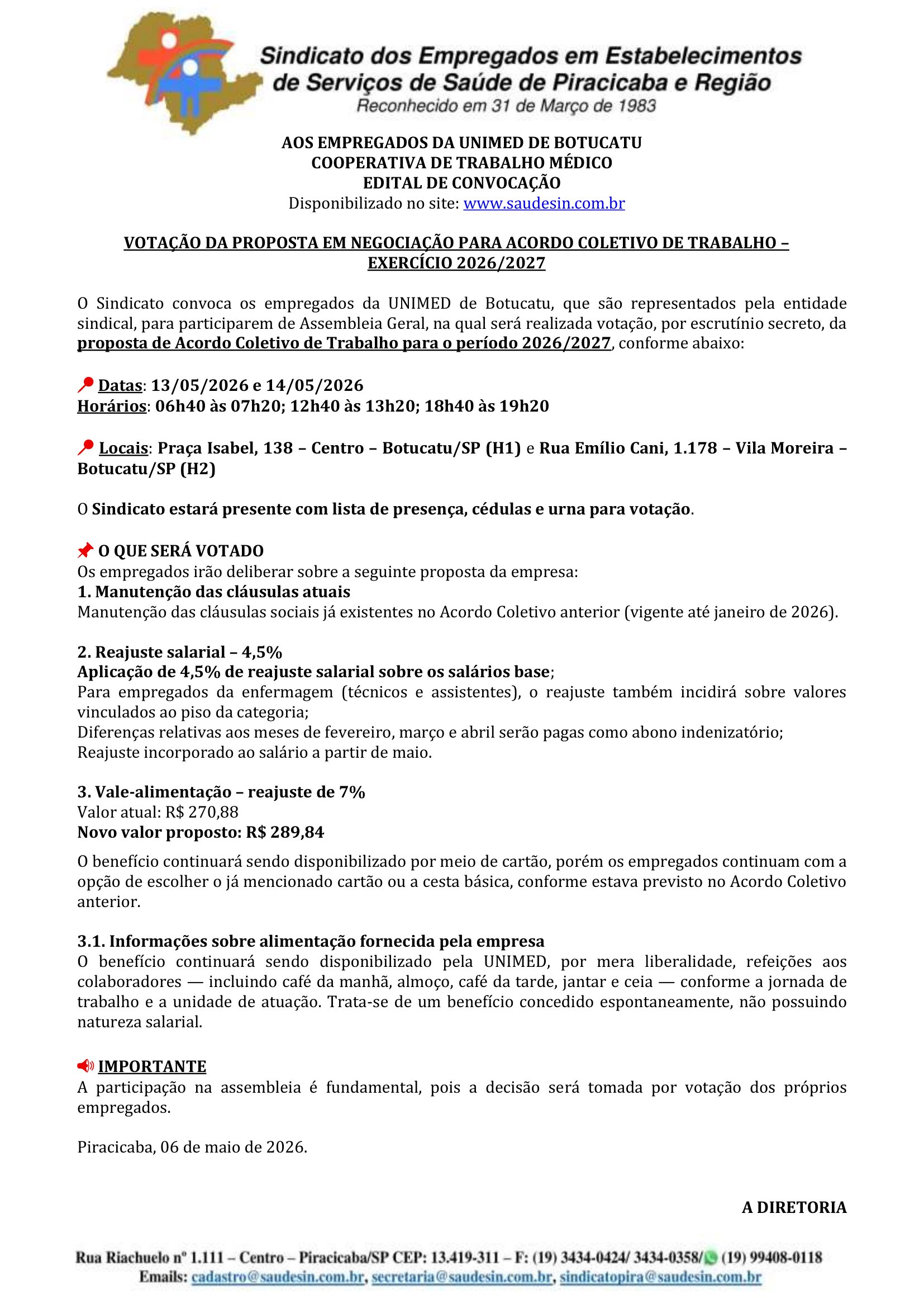 Sindsin convoca trabalhadores da Unimed Botucatu para assembleia do Acordo 2026/2027