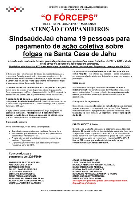 SindsaúdeJaú chama 19 pessoas para pagamento de ação coletiva sobre folgas na Santa Casa de Jahu