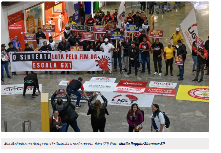 Manifestação no Aeroporto de Guarulhos pede fim da escala 6x1