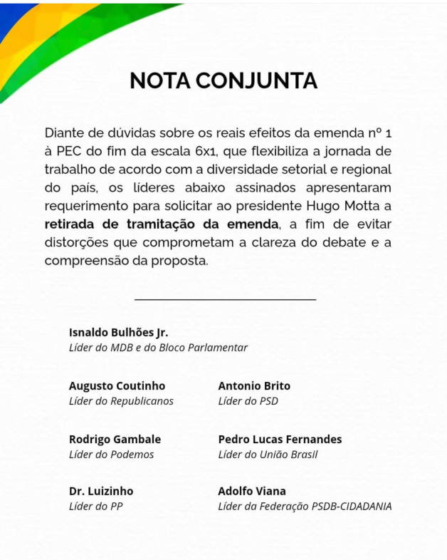 Partidos pedem a retirada da emenda da jornada de 52h e transição de 10 anos da 6x1