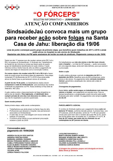 SindsaúdeJaú convoca mais um grupo para receber ação sobre folgas na Santa Casa de Jahu: liberação dia 19/06