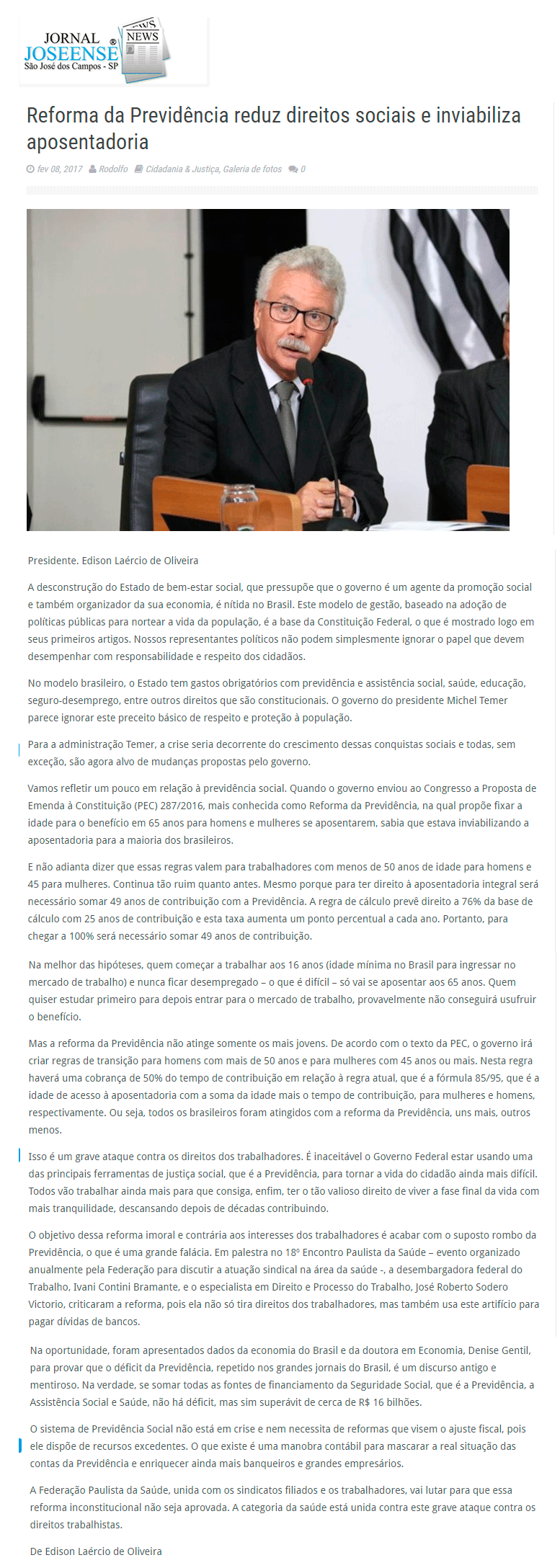 Jornal Joseense - Artigo Reforma da Previdência - Fevereiro/2017