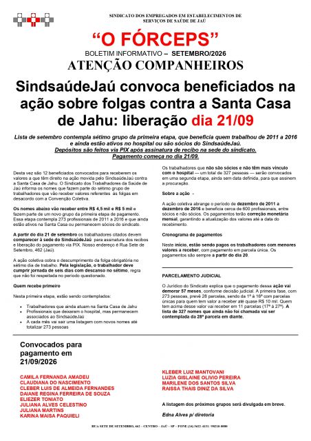 SindsaúdeJaú convoca beneficiados na ação sobre folgas contra a Santa Casa de Jahu: liberação dia 21/09