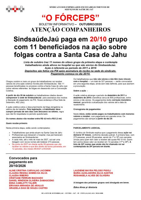 SindsaúdeJaú paga em 20/10 grupo com 11 beneficiados na ação sobre folgas contra a Santa Casa de Jahu