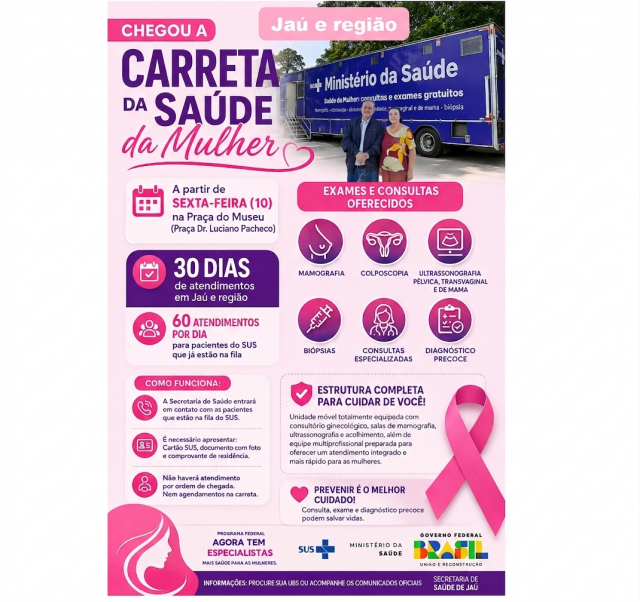 Carreta da Saúde da Mulher chega a Jaú para acelerar exames e diagnósticos de câncer feminino