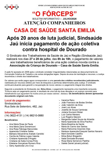 Após 20 anos de luta judicial, SindsaúdeJaú inicia pagamento de ação coletiva contra hospital de Dourado