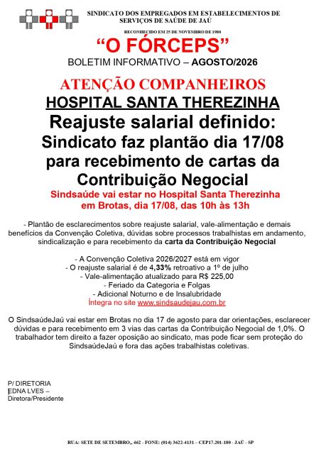 SindsaúdeJaú convoca 14 pessoas para receberem ação das folgas na Santa Casa de Jahu: liberação dia 20/08