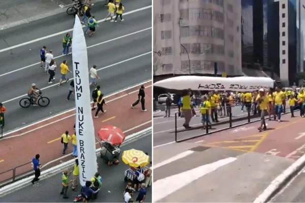 Apoiadores de Flávio Bolsonaro levam à Paulista míssil inflável que pede para Trump fazer um ataque nuclear no Brasil