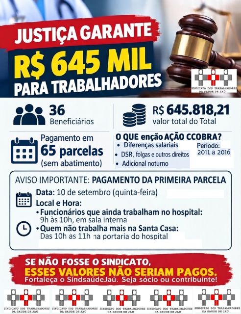 SindsaúdeJaú garante R$ 645 mil para trabalhadores em ação coletiva contra Santa Casa de Macatuba