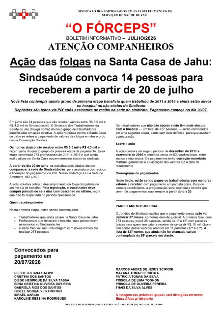 Ação das folgas na Santa Casa de Jahu: Sindsaúde convoca 14 pessoas para receberem a partir de 20 de julho