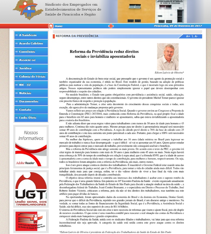 Sindicato de Piracicaba e Região - Artigo Reforma da Previdência - Fevereiro/2017